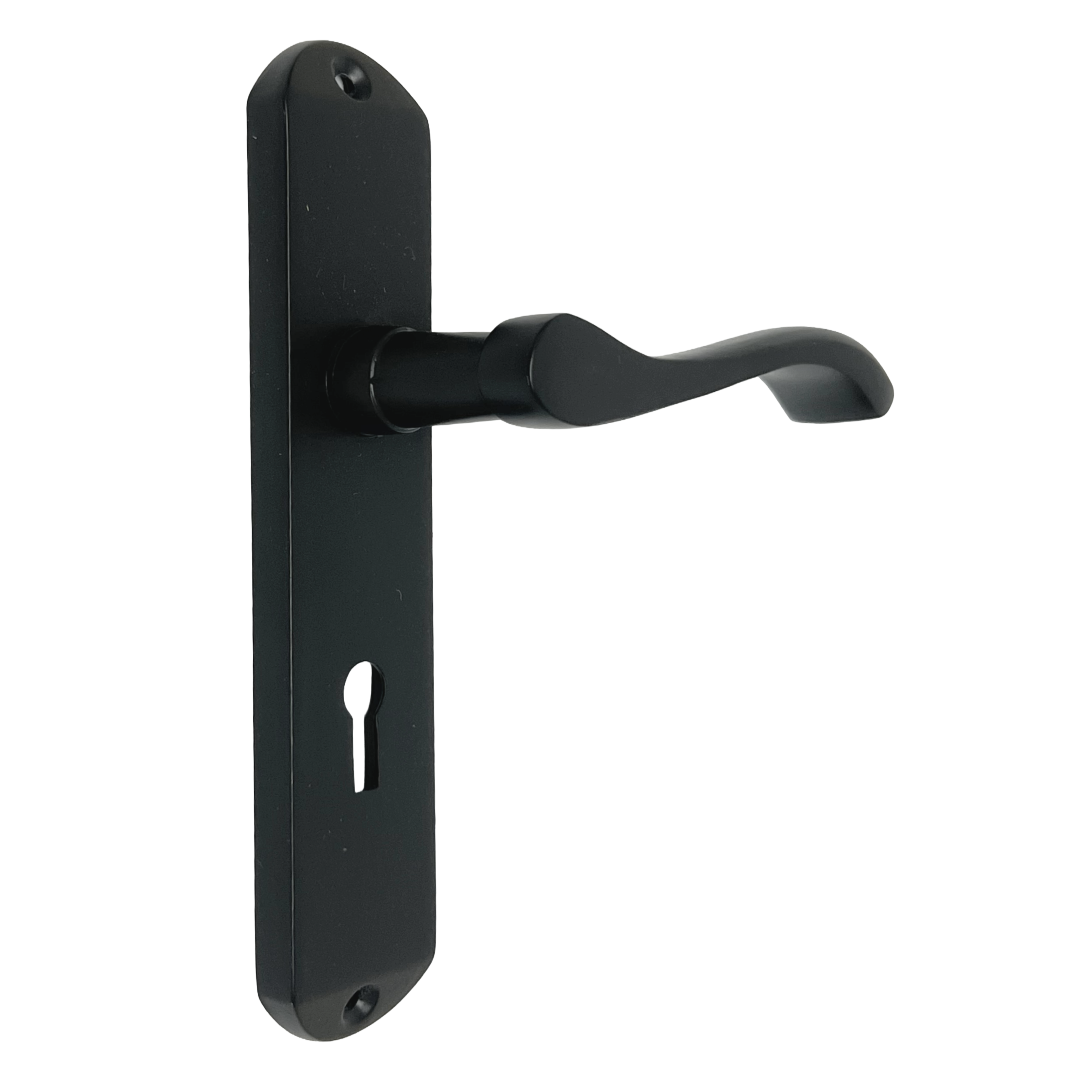 Cadenza Door Handles on Backplate Matt Black Scroll Lock Handle