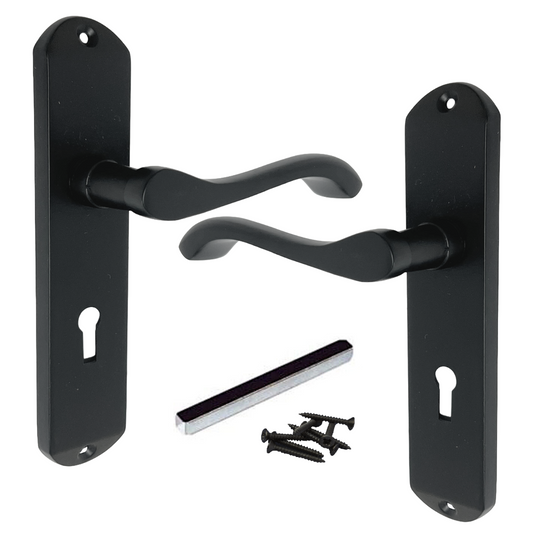 Cadenza Door Handles on Backplate Matt Black Scroll Lock Handle