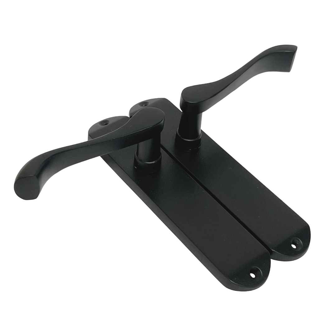 Cadenza Door Handles on Backplate Matt Black Scroll Tubular Latch Set