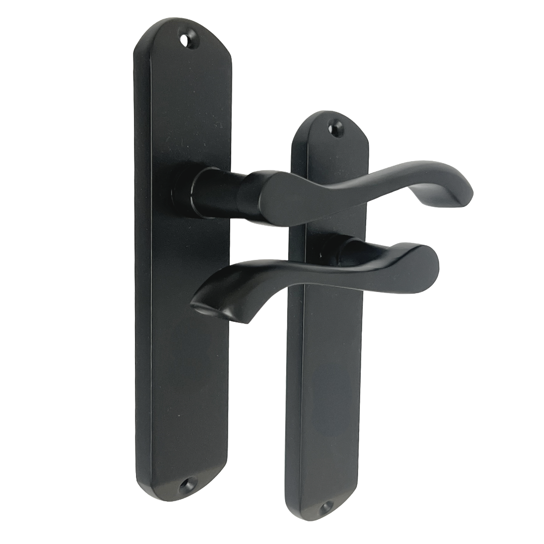 Cadenza Door Handles on Backplate Matt Black Scroll Tubular Latch Set