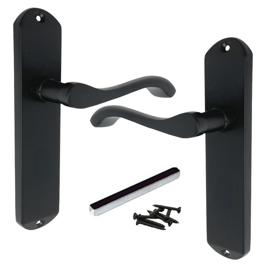 Cadenza Door Handles on Backplate Matt Black Scroll Latch Handle