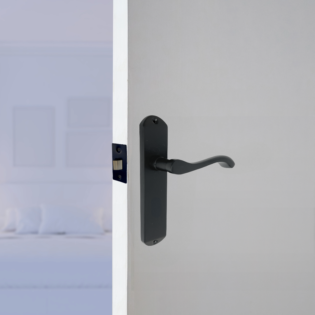 Cadenza Door Handles on Backplate Matt Black Scroll Tubular Latch Set