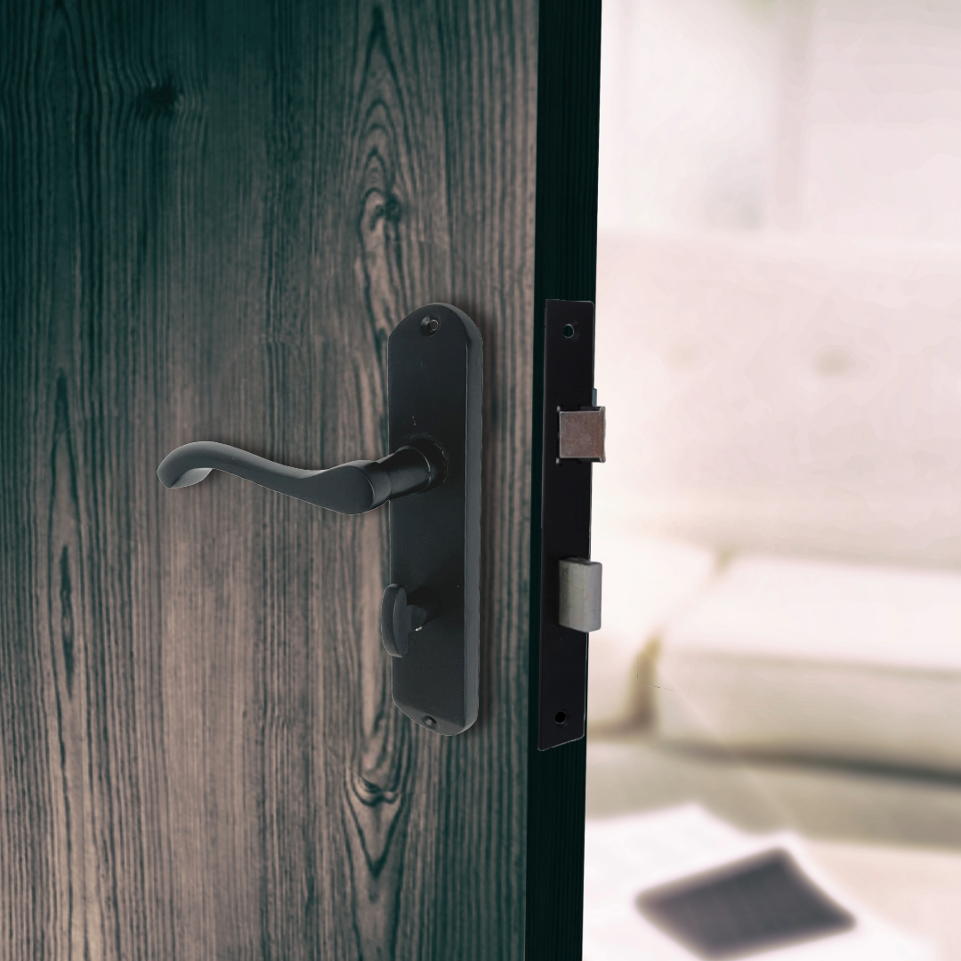 Cadenza Door Handles on Backplate Matt Black Scroll Bathroom Lock Handle