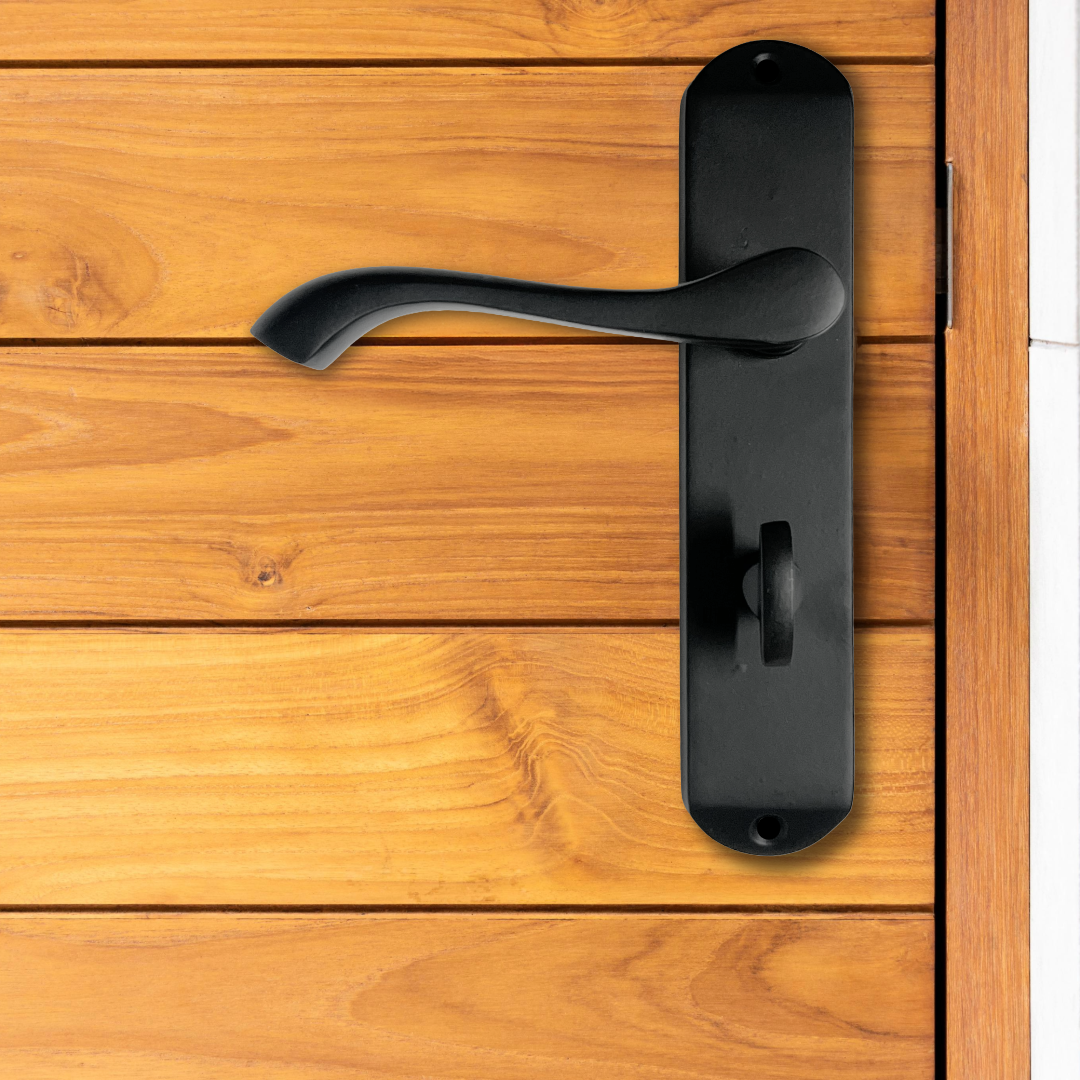 Cadenza Door Handles on Backplate Matt Black Scroll Bathroom Lock Set