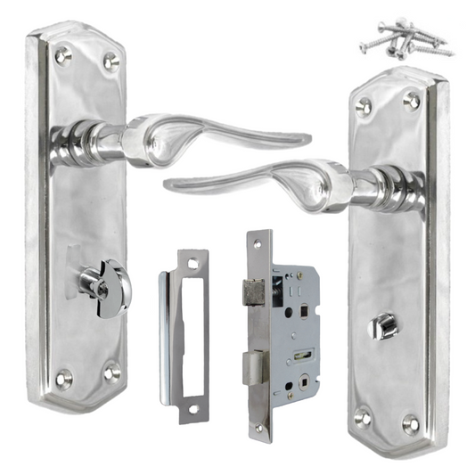 Door Handles CHROME Stellar Bathroom Handle On Backplate + Bath Lock