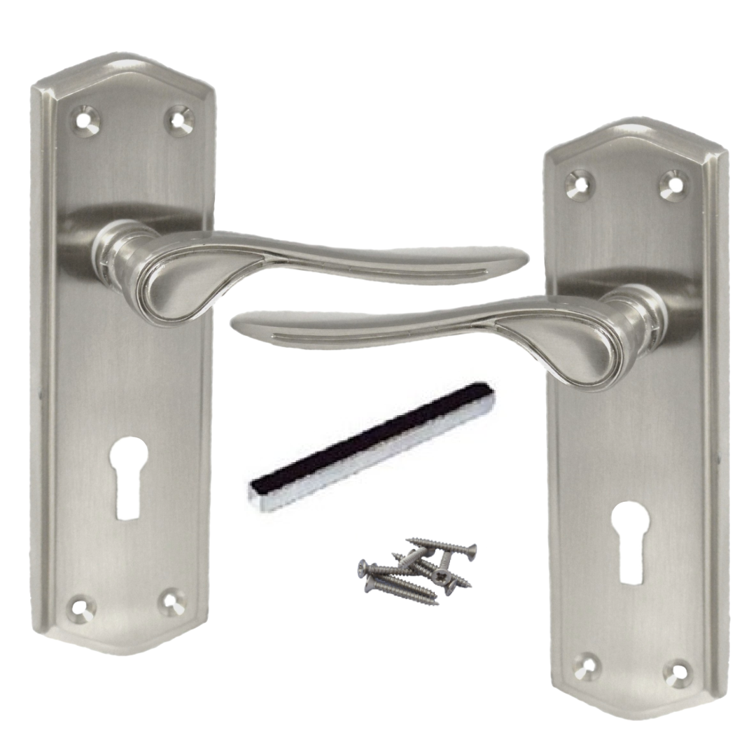 Door Handles SATIN Stellar Scroll Lever Internal with Lock and Keys