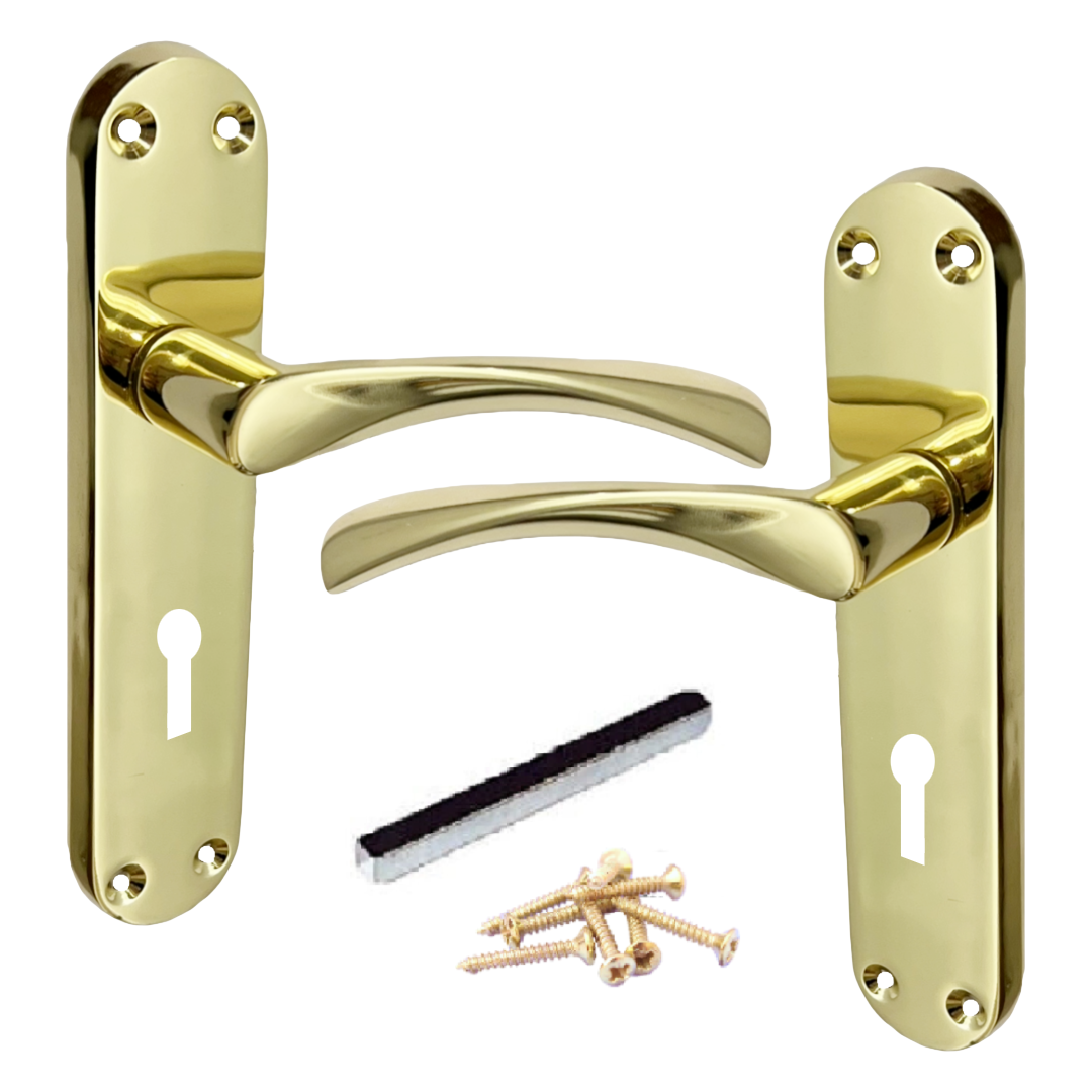 Monja Astrid Door Handles Arched Lever Polished Brass Key Lock Pack