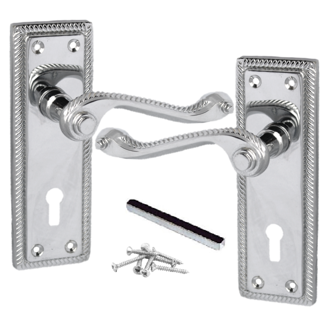 Georgian Door Handles Key Lock, Pair Chrome 150mm x 48mm Backplate, Scroll Lever