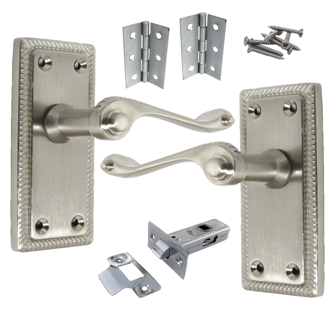 Georgian Handle Latch Door Handles Satin, Pair of 3" Hinges & Latches Pack Sets