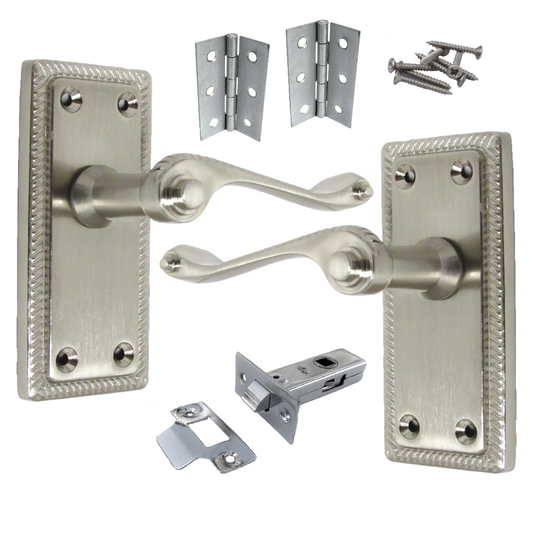 Georgian Handle Latch Door Handles Satin, Pair of 3" Hinges & Latches Pack Sets