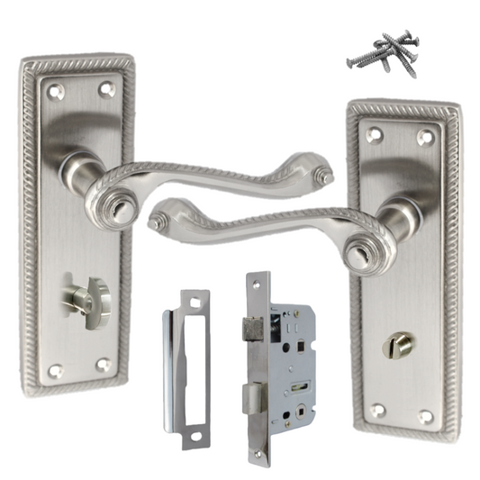 Georgian Satin Bathroom Door Handles WITH LOCK