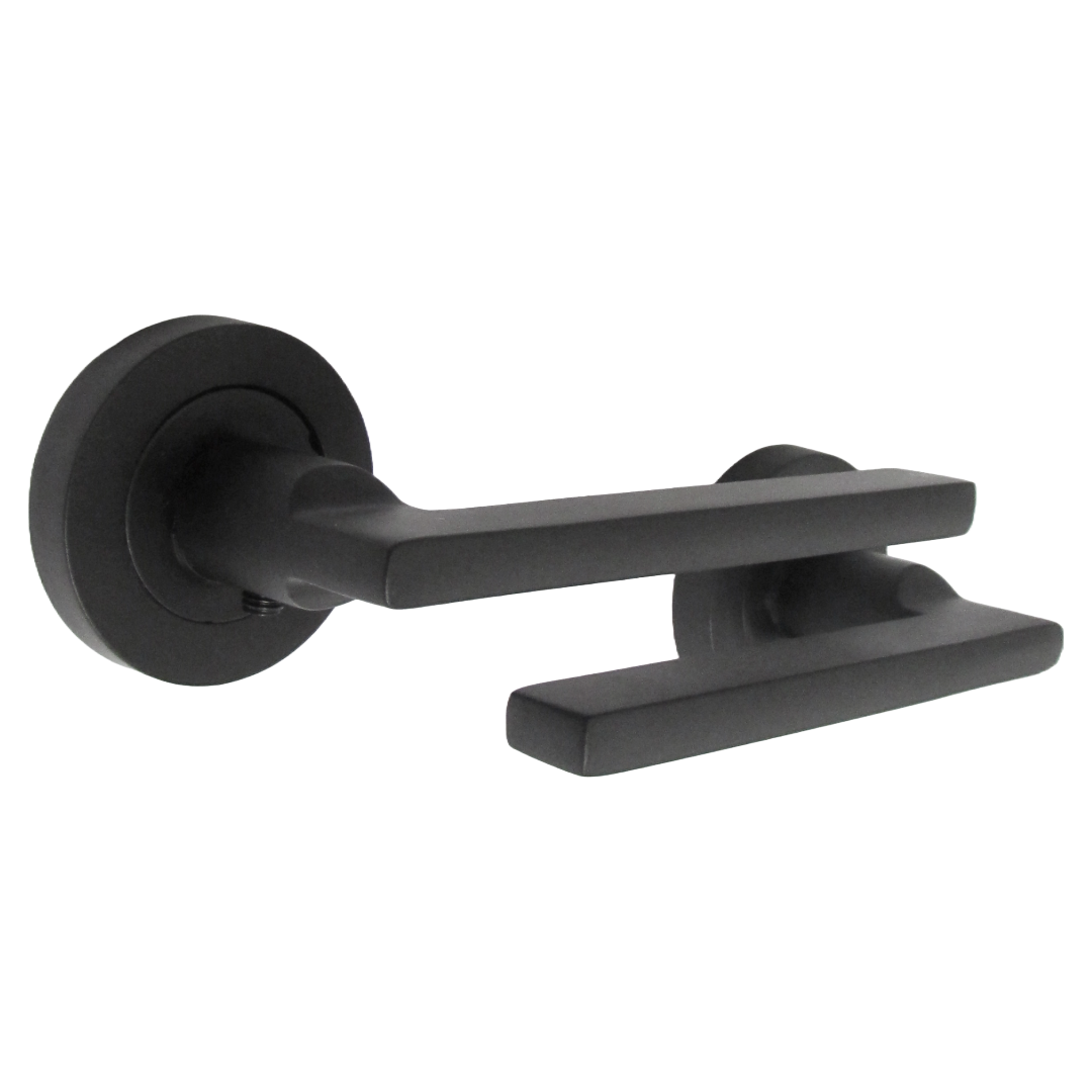 UNO Door Handle Bathroom Set Modern Matt Black Lever on Rose Internal Thumbturn