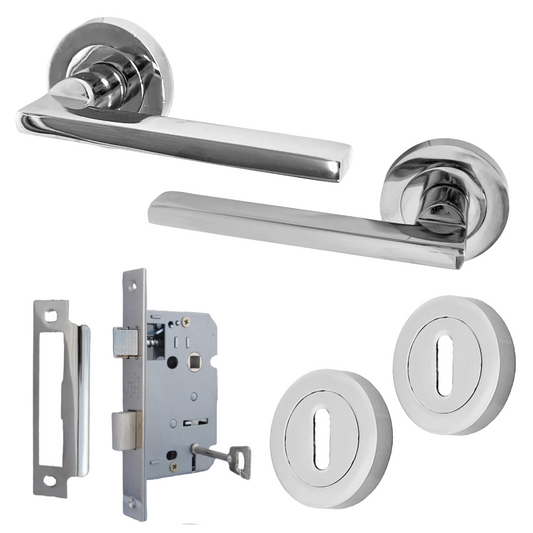 UNO Door Handle Lock Key Sets Modern Chrome Lever on Rose Internal Escutcheon Pack