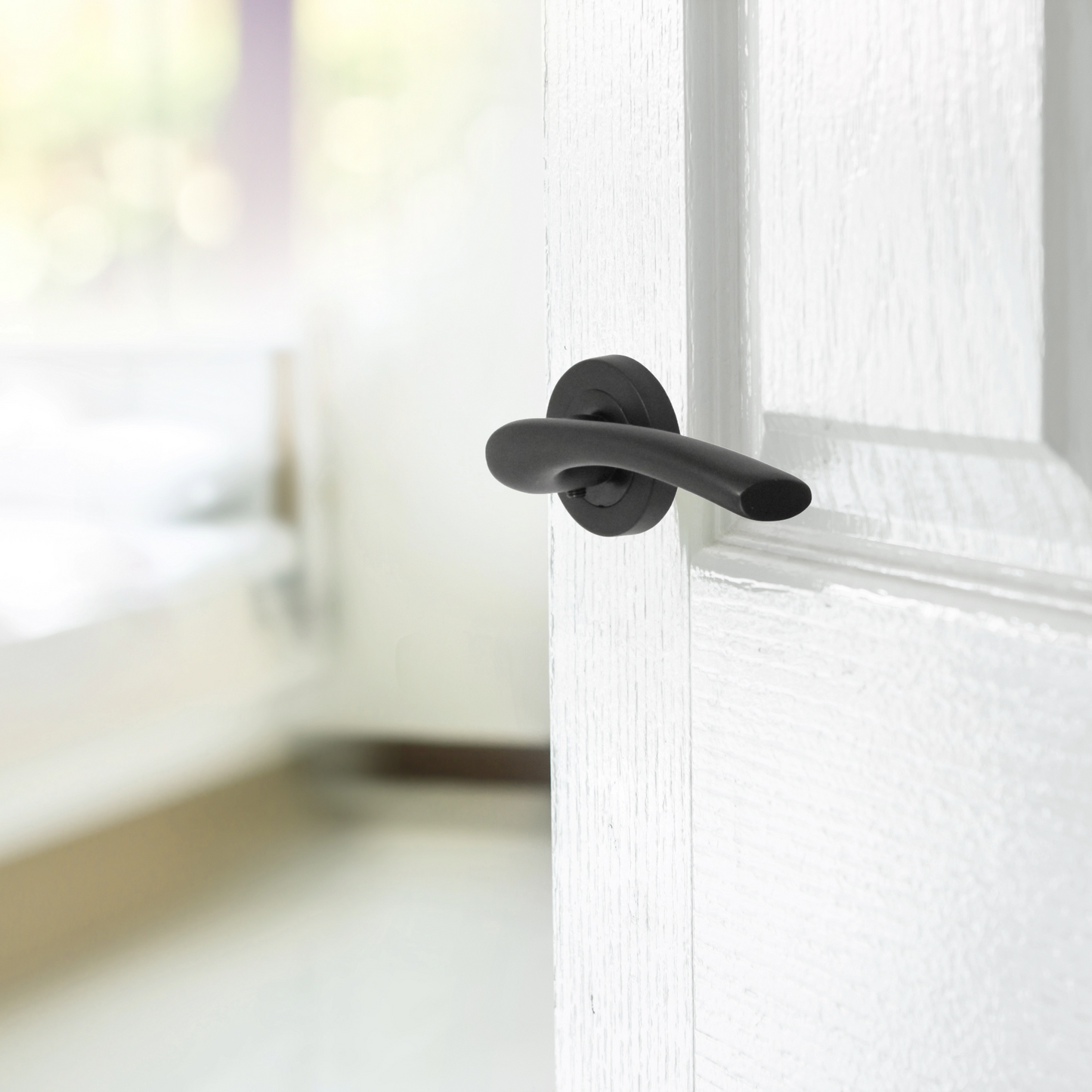 Zena Door Handle Lock Key Set Modern Design Matt Black Lever on Rose Internal Escutcheon