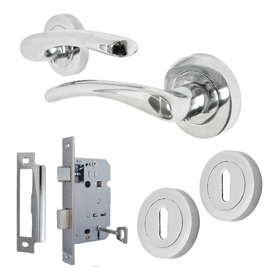 Zena Door Handle Lock Key Set Modern Chrome Lever on Rose Internal Escutcheon