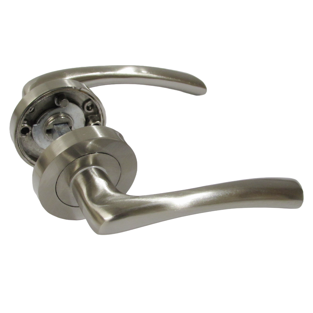 Zena Door Handle Modern Design Satin Nickel Lever on Rose Internal + Latch
