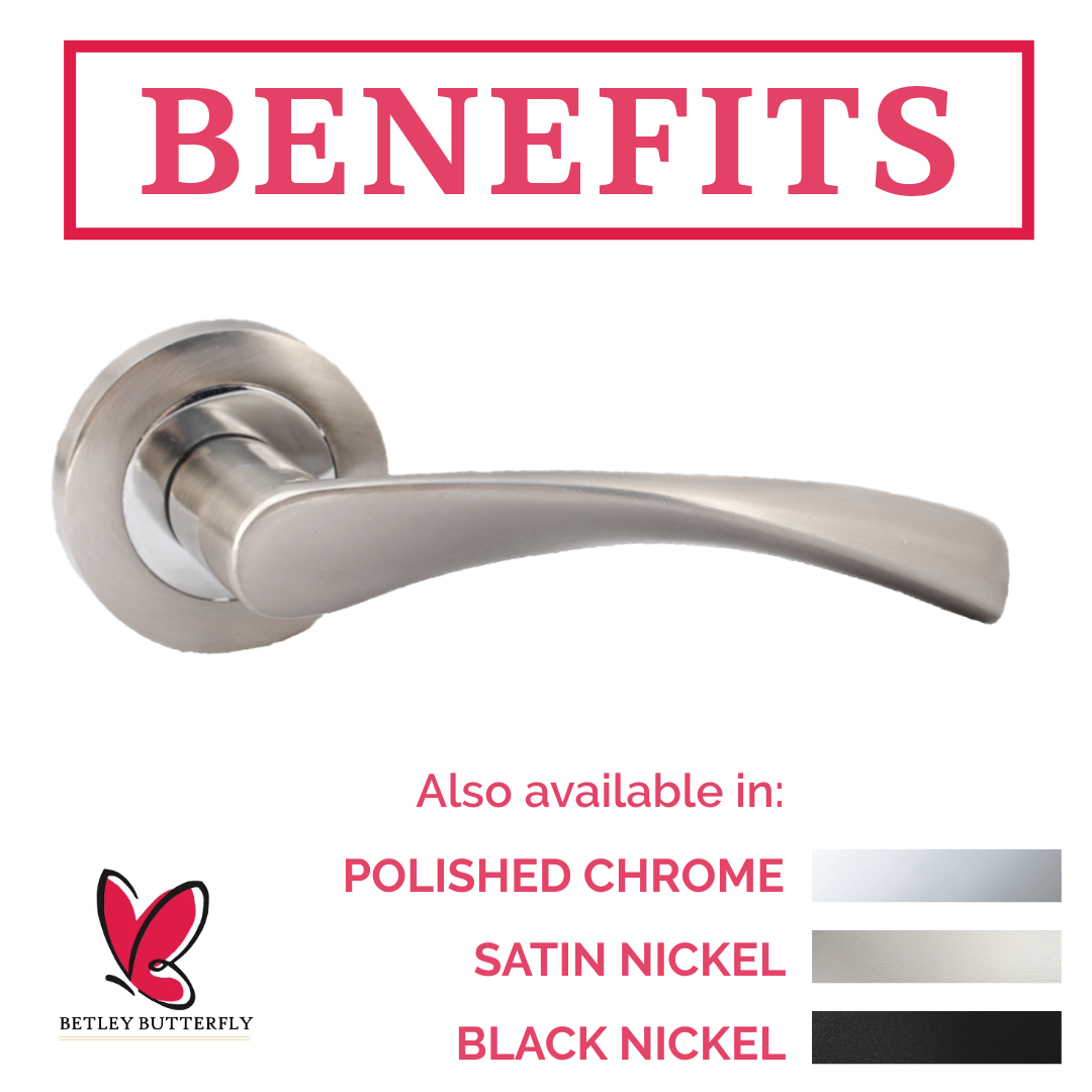 Astrid Door Handles Latch & Hinges Twist Lever on Rose - Satin Chrome 120mm