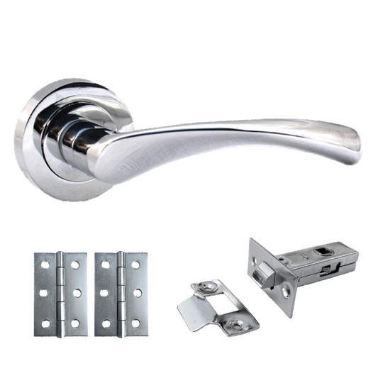 Astrid Door Handles Latch Twist Lever on Rose - Chrome Latch Hinges 120mm