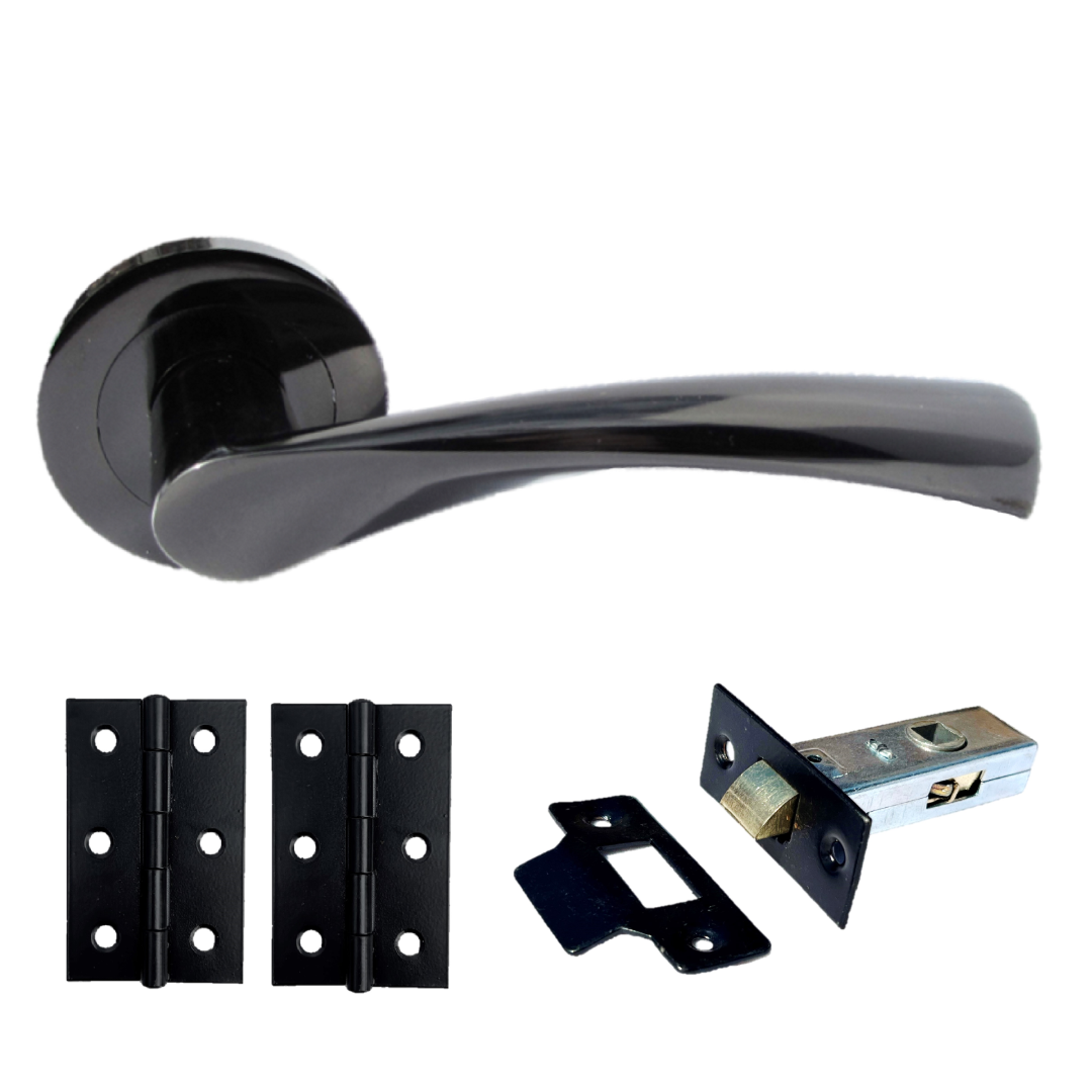 Astrid Door Handles Latch Twist Lever on Rose - Black Nickel Latch Hinges 120mm