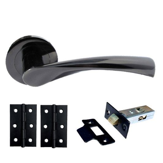 Astrid Door Handles Latch Twist Lever on Rose - Black Nickel Latch Hinges 120mm