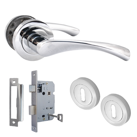 Astrid Door Handles Latch Twist Lever on Rose Chrome Escutcheon Key Lock 120mm
