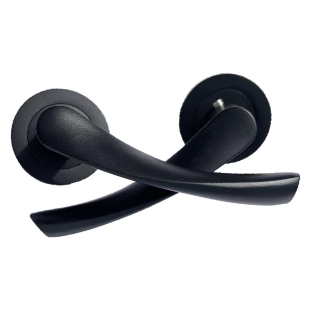 Astrid Door Handles Latch Twist Lever on Rose Matt Black Bath Thumbturn Lock 120mm