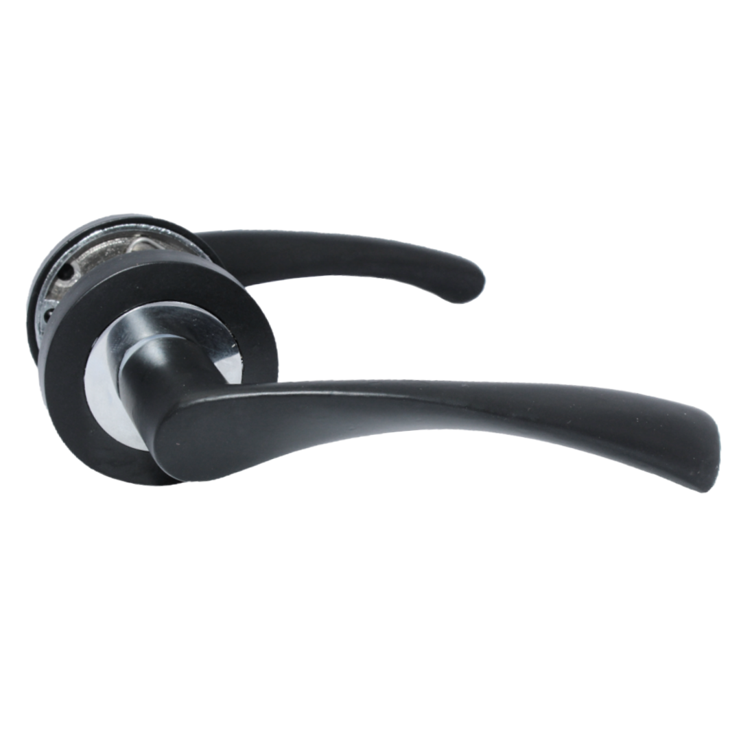 Astrid Door Handles Latch Twist Lever on Rose Duo - Matt Black Chrome Latch Hinges 120mm