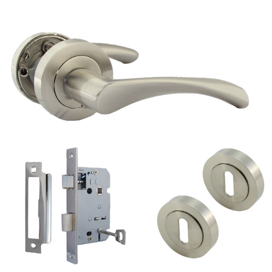 Astrid Door Handles Latch Twist Lever on Rose Satin Escutcheon Key Lock 120mm