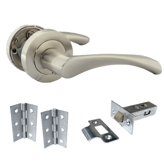 Astrid Door Handles Latch Twist Lever on Rose - Satin Latch Hinges 120mm