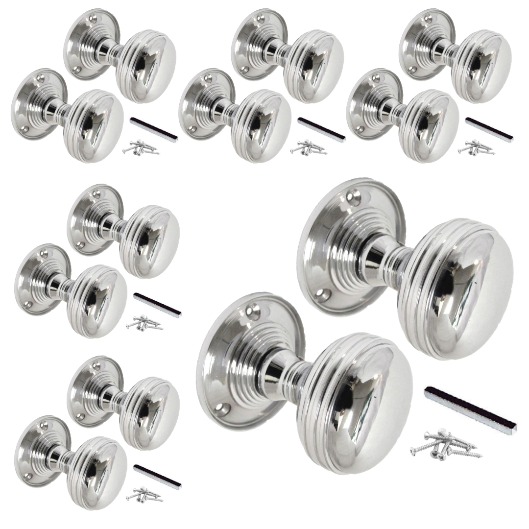 MULTIPACK Door Knobs Chrome Mortice Round Reeded HEAVY Knob 1/4/6 Pairs