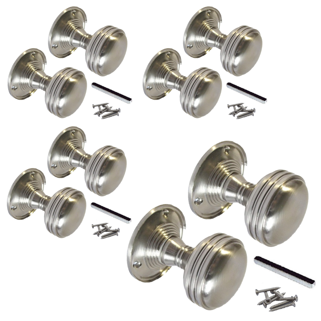 Lot de 1/4/6 paires de boutons de porte ronds cannelés satinés à mortaise