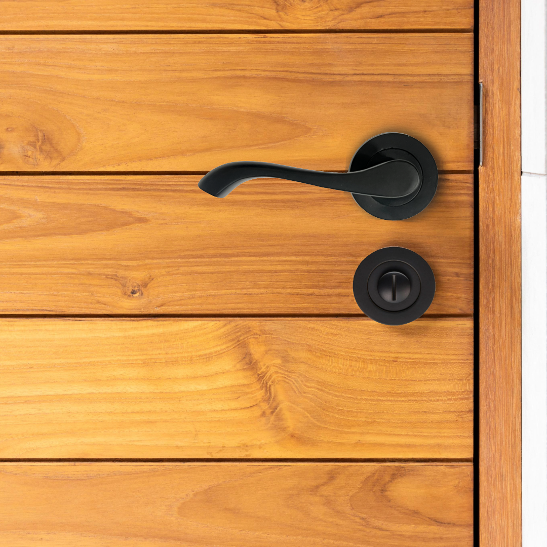 Cadenza Door Handle Bathroom Set Modern Design Matt Black Lever on Rose Internal Thumbturn