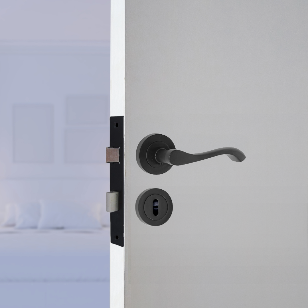 Cadenza Door Handle Lock Key Set Modern Design Matt Black Lever on Rose Internal Escutcheon