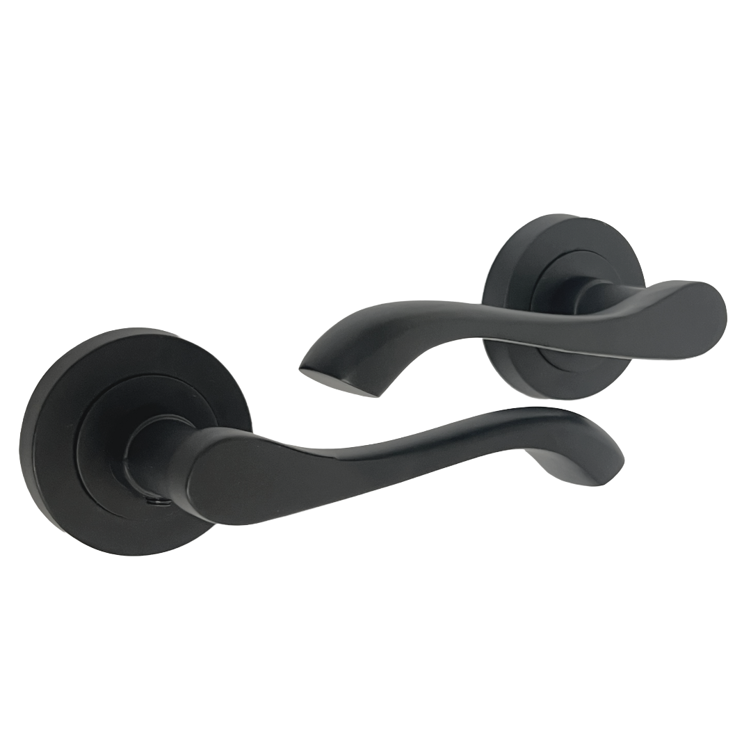 Poignée de porte Zena au design moderne, levier noir mat sur rosace, poignées à loquet interne