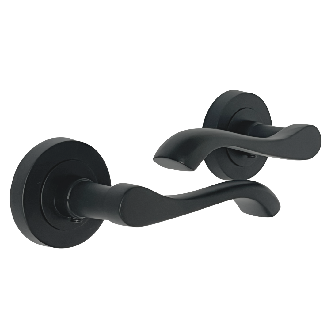 Poignée de porte Zena au design moderne, levier noir mat sur rosace, poignées à loquet interne