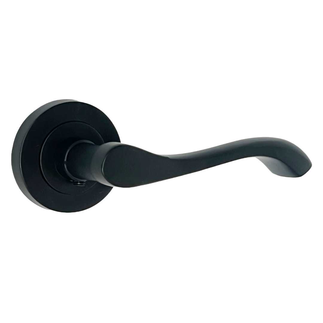 Cadenza Door Handle Lock Key Set Modern Design Matt Black Lever on Rose Internal Escutcheon