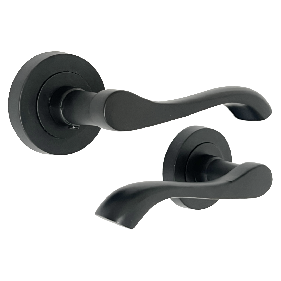 Cadenza Door Handle Bathroom Set Modern Design Matt Black Lever on Rose Internal Thumbturn