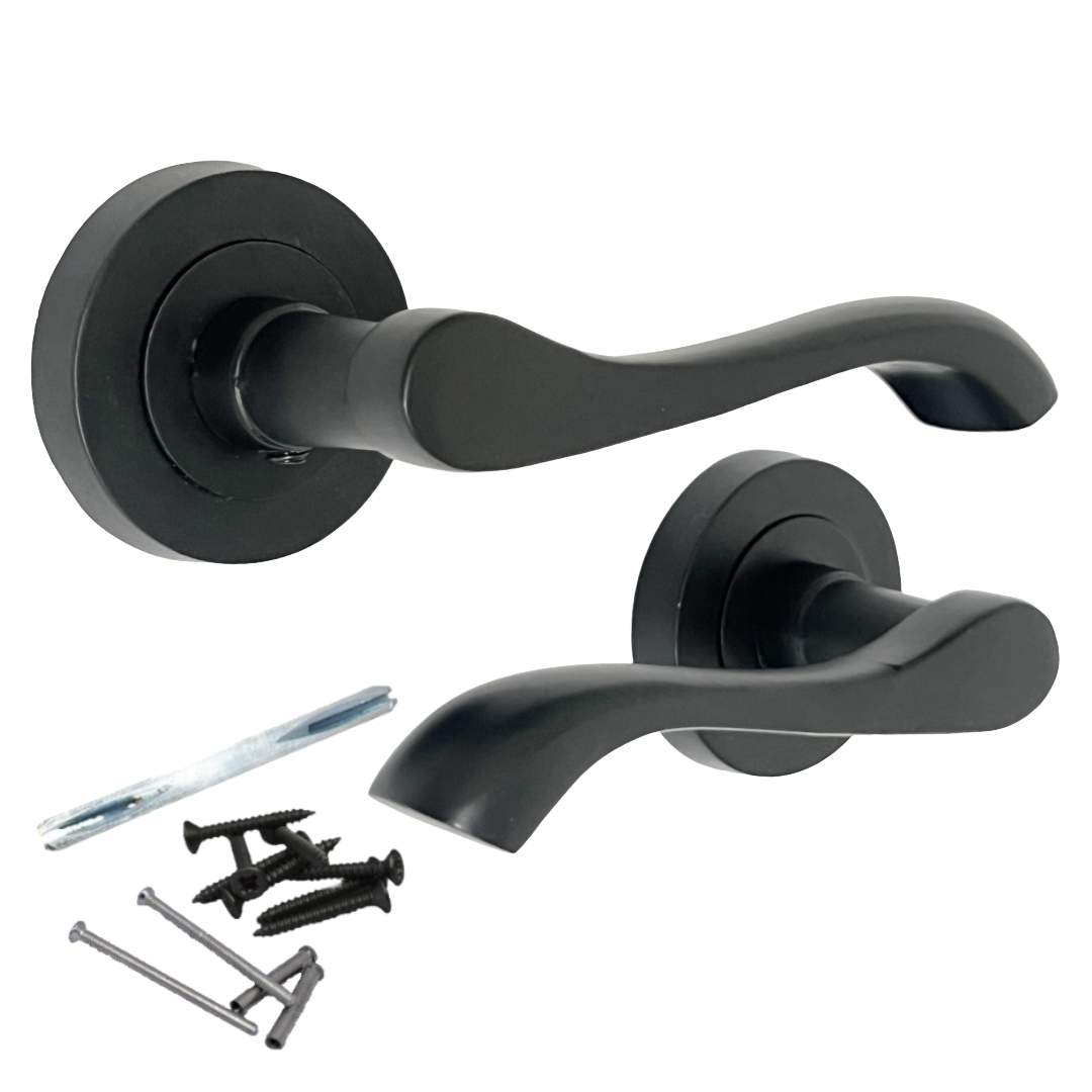Cadenza Door Handle Bathroom Set Modern Design Matt Black Lever on Rose Internal Thumbturn