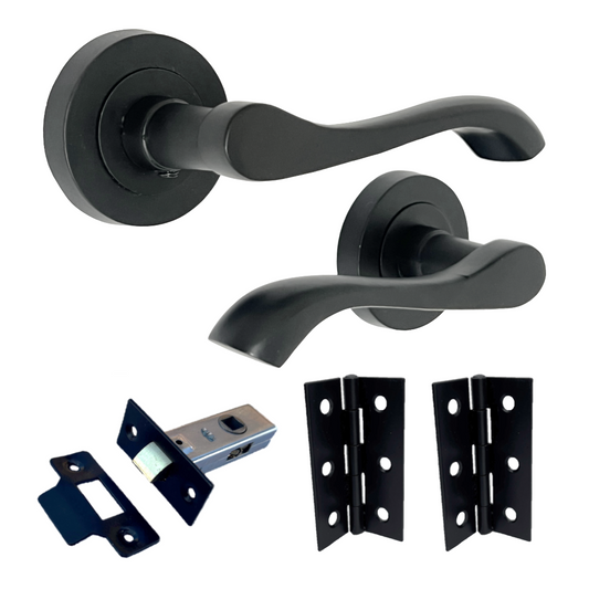 Cadenza Door Handle Modern Design Matt Black Lever on Rose Internal + Latch & Hinges