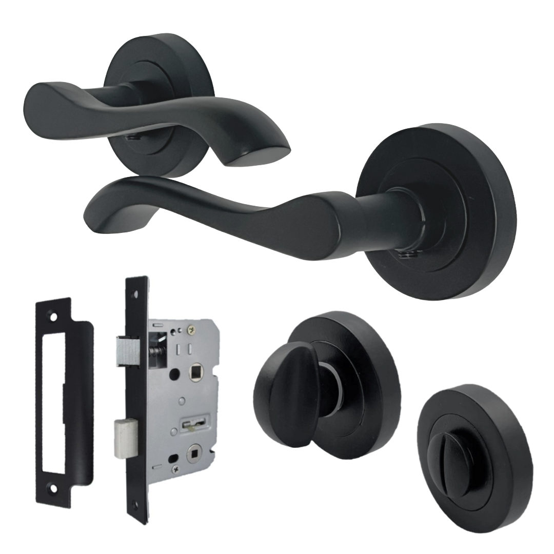 Poignée de porte Zena pour salle de bain, design moderne, noir mat, levier sur rosace, bouton-poussoir interne