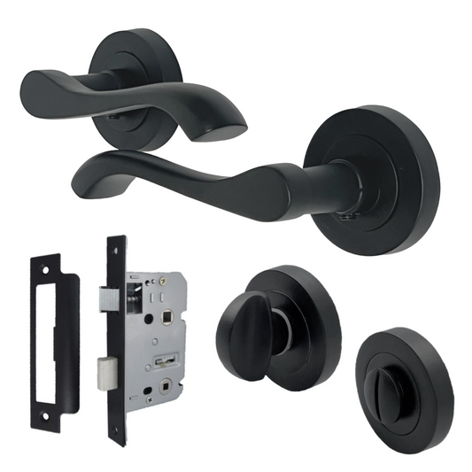 Cadenza Door Handle Bathroom Set Modern Design Matt Black Lever on Rose Internal Thumbturn