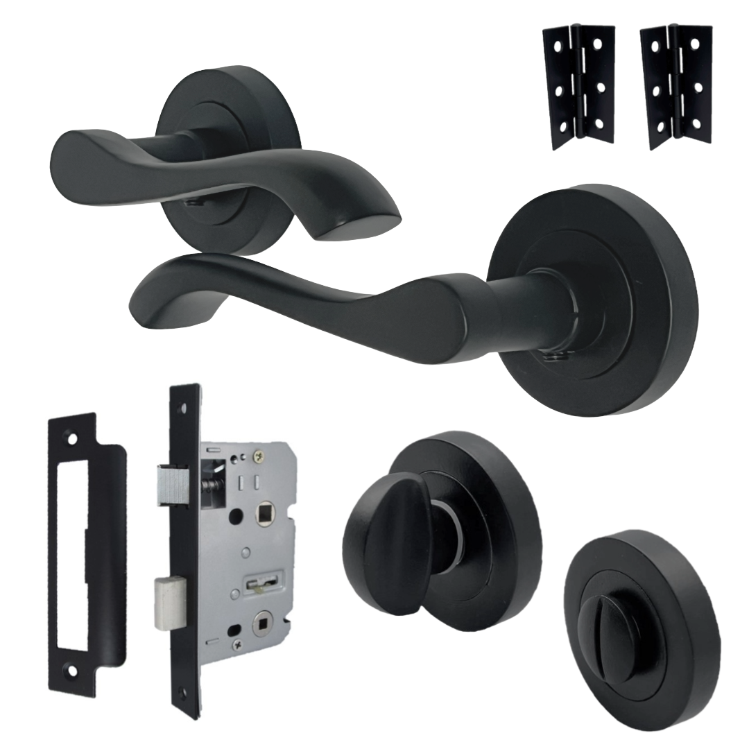 Poignée de porte Zena pour salle de bain, design moderne, noir mat, levier sur rosace, bouton-poussoir interne