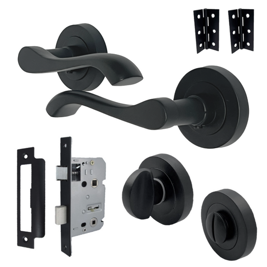 Cadenza Door Handle Bathroom Set Modern Design Matt Black Lever on Rose Internal Thumbturn