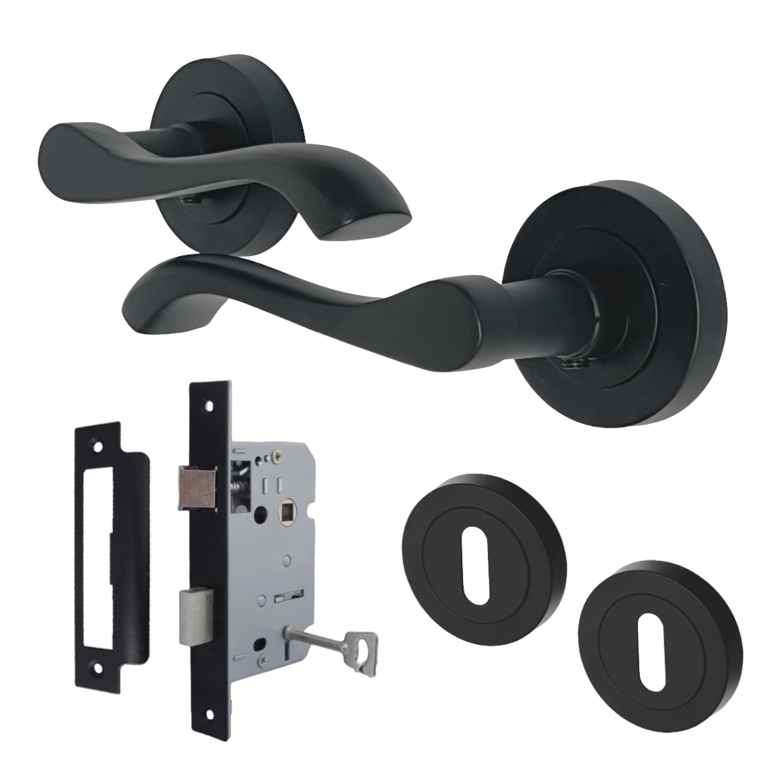 Ensemble de clés de serrure de poignée de porte Zena Design moderne Noir mat Levier sur rosace Écusson interne