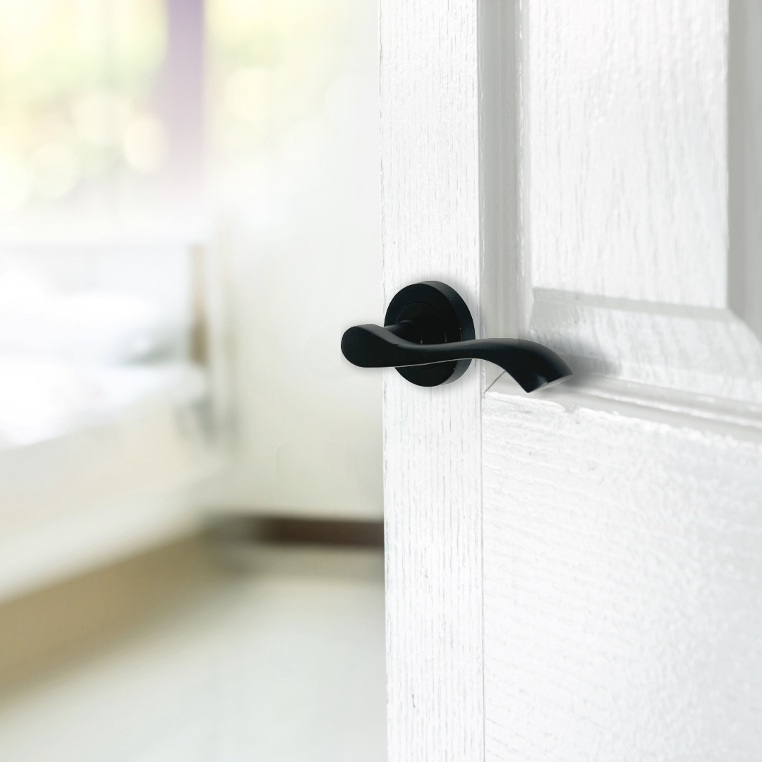 Poignée de porte Zena au design moderne, levier noir mat sur rosace, poignées à loquet interne