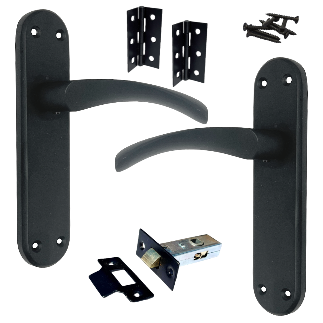 London Astrid Twist Door Handle Matt Black Lever on Backplate with Latch Hinges