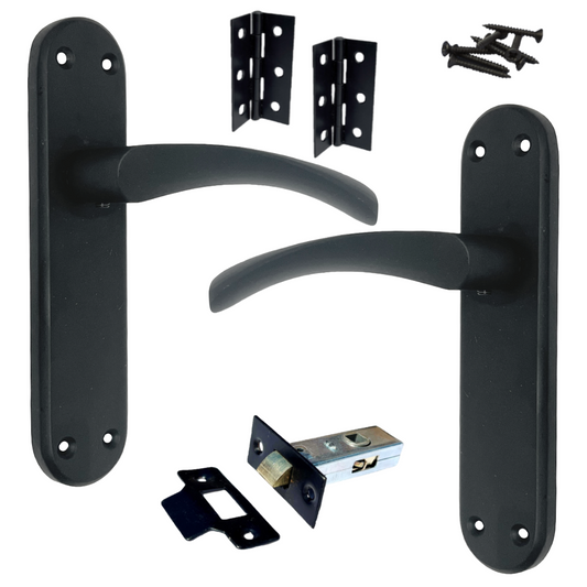 London Astrid Twist Door Handle Matt Black Lever on Backplate with Latch Hinges