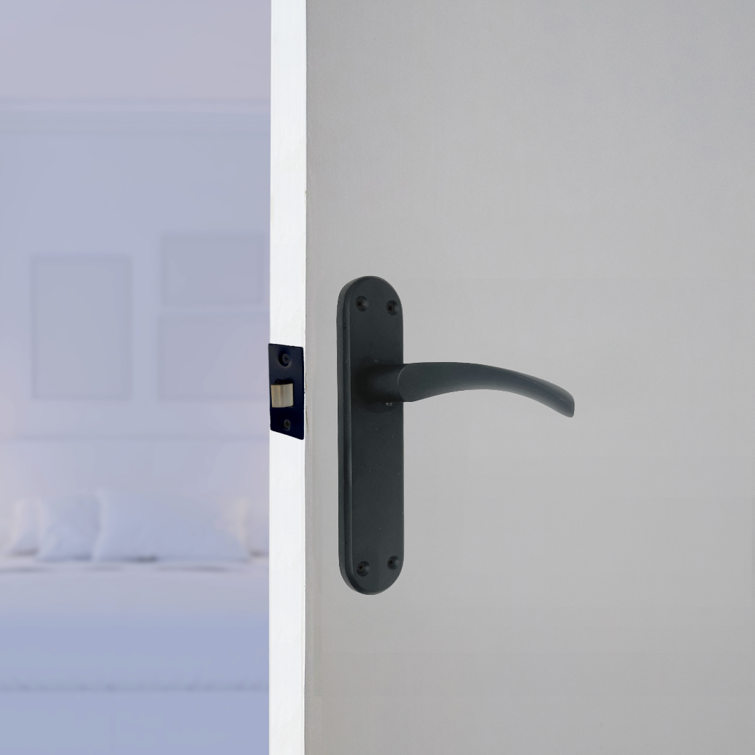 London Astrid Twist Door Handle Matt Black Lever on Backplate Latch Handles