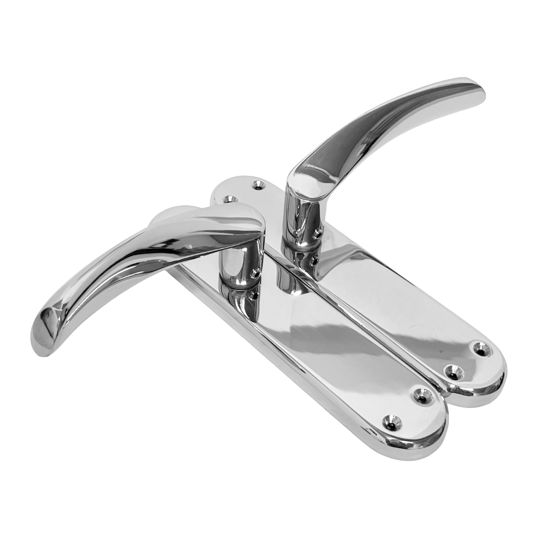 London Astrid Twist Door Handle Polished Chrome Lever on Backplate with Latch Hinges