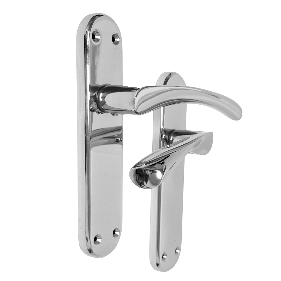 London Astrid Twist Door Handle Polished Chrome Lever on Backplate with Latch Hinges